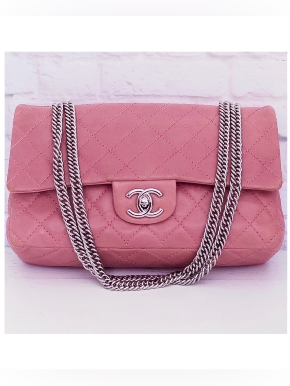 CHANEL Medium Classic Double Flap Wild Stitch Pink Lambskin Silver Chain w/ DB